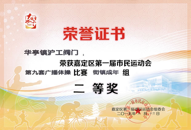 嘉定區第一屆市民運動會第九套廣播體操比賽二等獎榮譽證書